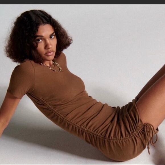 ZARA Ruched Short Ribbed Tee Shirt Side Tie Bodycon Mini Dress Rust Brown L - Picture 12 of 16